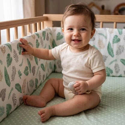 Tour de lit bébé feuilles, bébé souriant assis dans lit