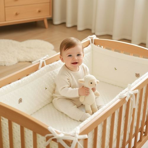 Tour de lit bébé minky crème broderie ourson bébé assis