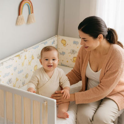 Maman jouant avec bébé assis dans lit blanc équipé de tour de lit motifs animaux safari jaune et gris, moment complice"