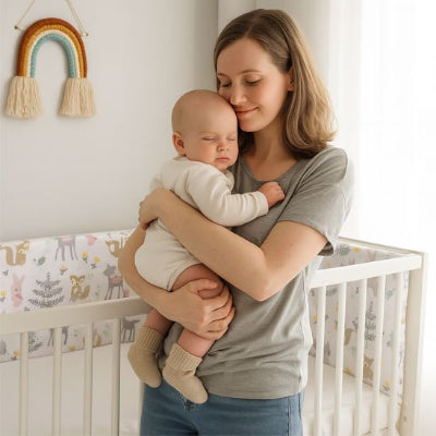 Maman portant bébé endormi près du lit blanc avec tour de lit motifs animaux safari, ambiance douce et apaisante.