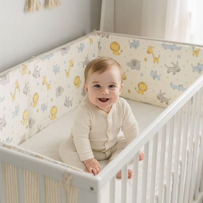 Bébé souriant assis dans lit blanc avec tour de lit motifs animaux safari pastel, chambre lumineuse décoration arc-en-ciel.