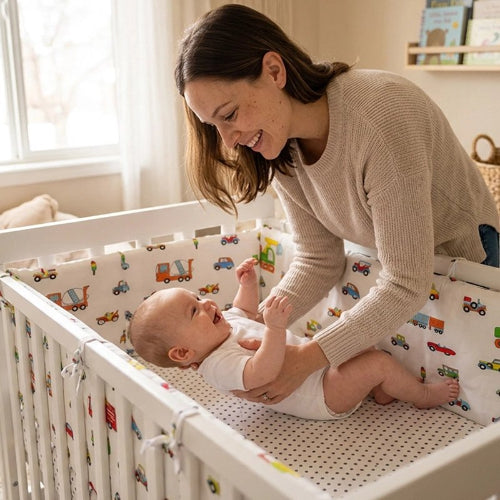 Tour de lit bébé véhicules colorés, maman joue avec bébé"