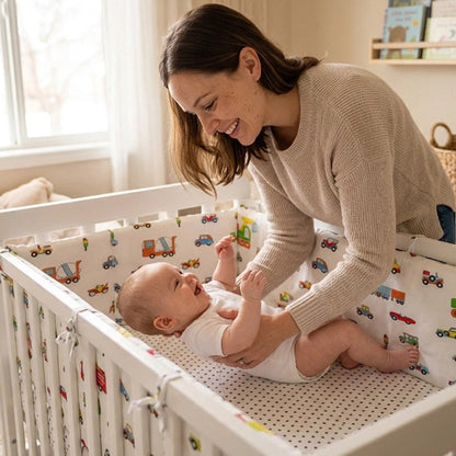 Tour de lit bébé véhicules colorés, maman joue avec bébé"
