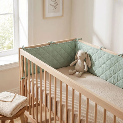 Tour de lit bebe vert dans lit en bois