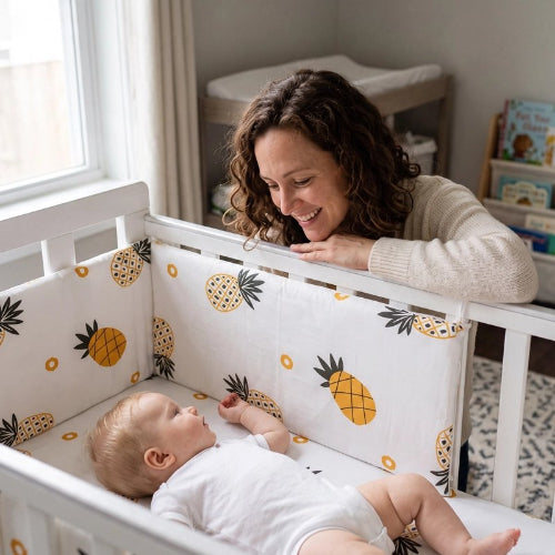 Tour de lit blanc ananas maman sourit bébé allongé