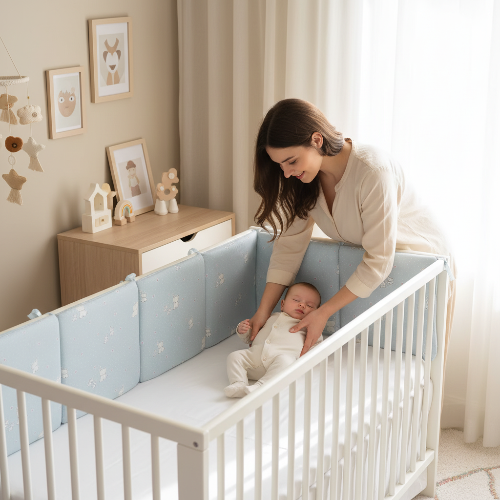 Tour de lit bleu, maman installant bébé au berceau dort