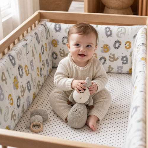 Tour de lit chiffres animaux bébé souriant doudou lit bois