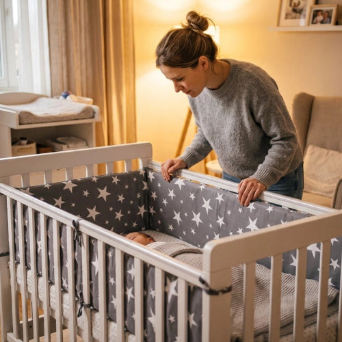 Tour de lit gris étoiles maman installe bébé dort