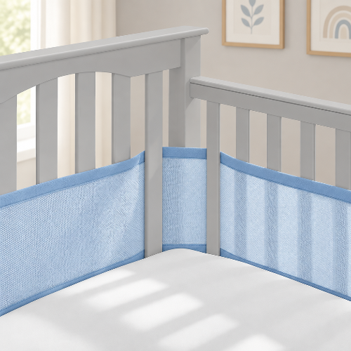 tour de lit respirant, bleu dans lit bébé gris