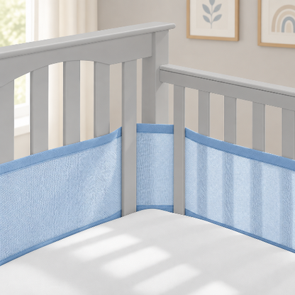 tour de lit respirant, bleu dans lit bébé gris