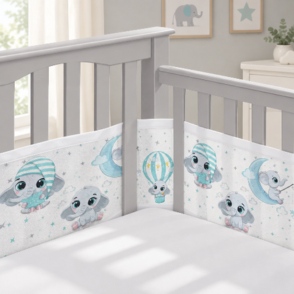 tour de lit respirant, motif éléphant dans lit bébé gris