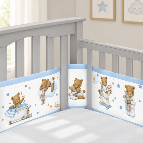 tour de lit respirant, motif ourson dans lit bébé 
