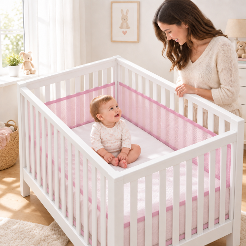 tour de lit respirant, rose bébé dans lit maman sourit