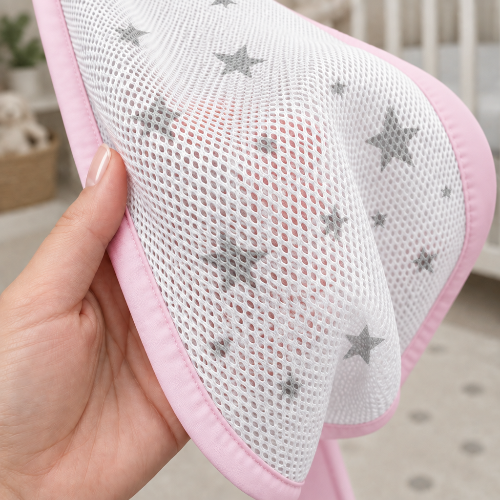tour de lit respirant, rose motif étoile tenu en main