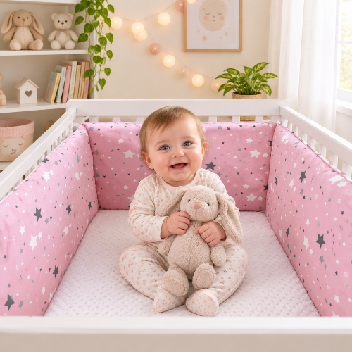 Tour de lit rose étoilés en chambre décorée bébé assis