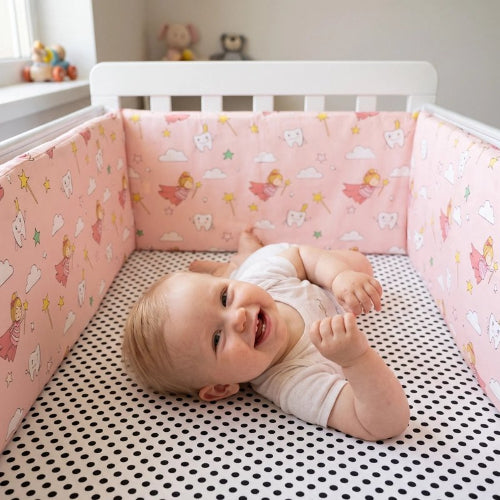 Tour de lit rose fées bébé souriant allongé lit blanc