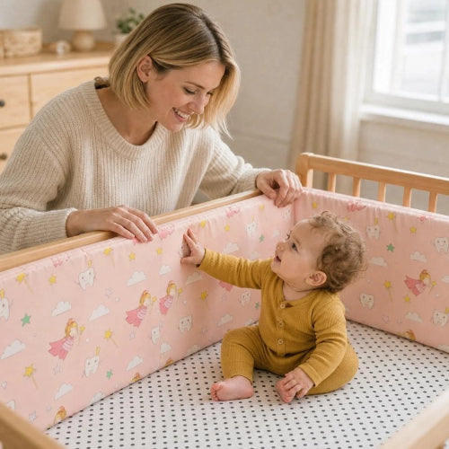 Tour de lit rose fées maman sourit bébé assis lit bois