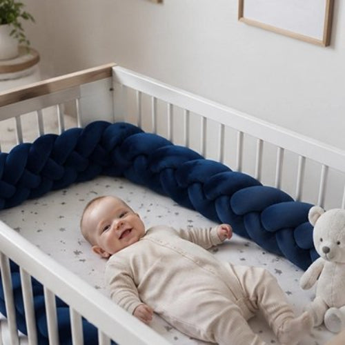 Tour de lit tresse, bleu autour de bébé souriant