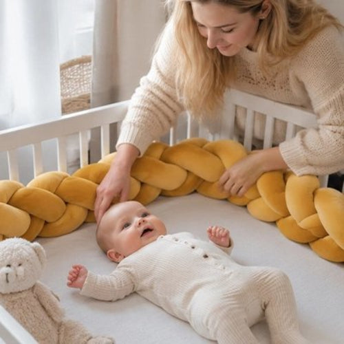 Tour de lit tresse, jaune moutarde, maman caressant bébé