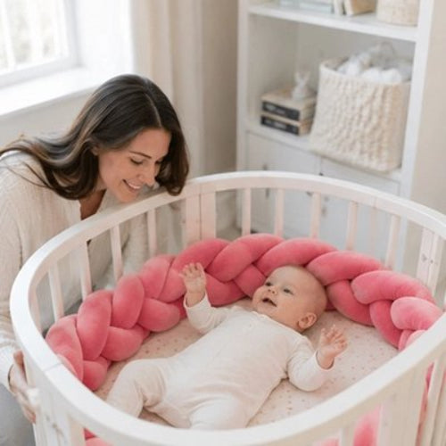 Tour de lit tresse, rose maman regarde bébé dans lit