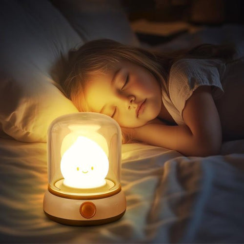 veilleuse bébé, beige allumée près d’un enfant endormi