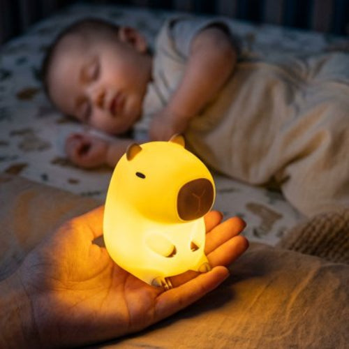 Veilleuse bébé, capybara dans la main bébé endormi