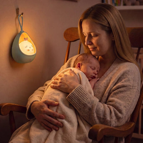 Veilleuse bébé lapin allumée près d’une mère et son bébé