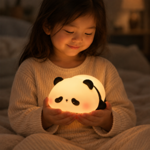 veilleuse bébé, panda lumineuse tenue par un enfant en pyjama