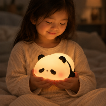 veilleuse bébé, panda lumineuse tenue par un enfant en pyjama