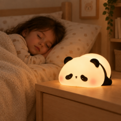veilleuse bébé, panda près d’une petite fille endormie profondément