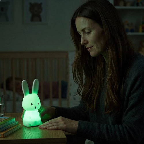 Veilleuse lapin lumière verte activée par une maman la nuit