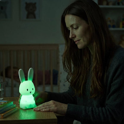 Veilleuse lapin lumière verte activée par une maman la nuit