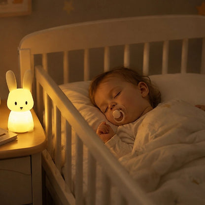 Veilleuse lapin lumineuse près d'un bébé endormi avec sa suce