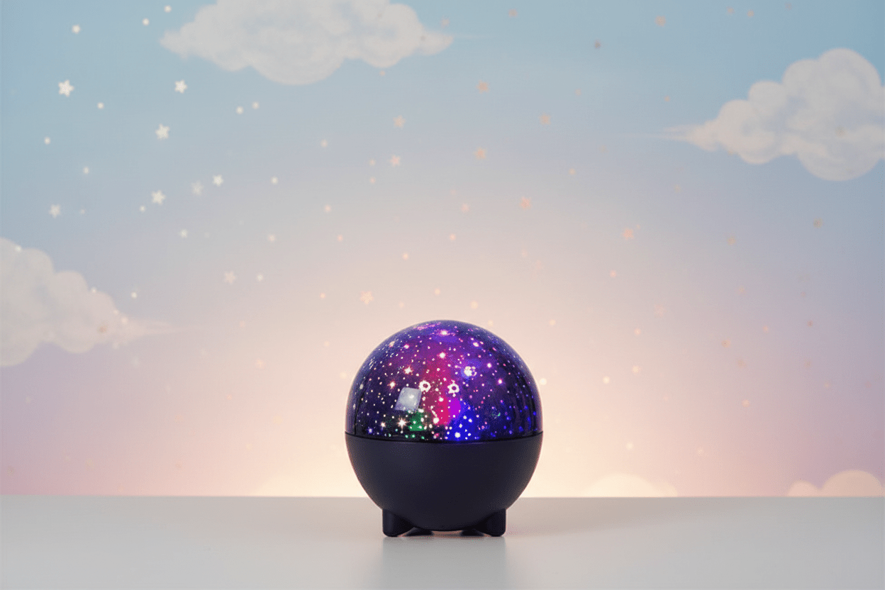 Veilleuse projection bébé en forme de sphère violette étoilée sur fond pastel doux