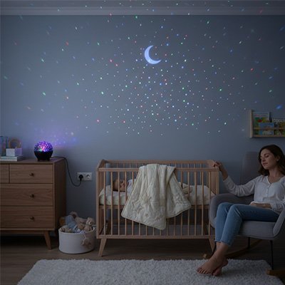 Veilleuse projection bébé créant un ciel étoilé apaisant avec lune dans chambre, maman assise près du lit